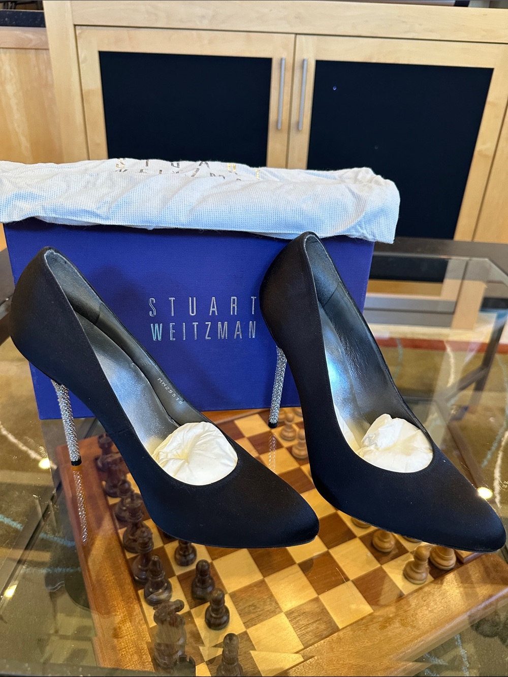Stuart Weitzman Black Satin Pumps with Crystal-Encrusted Heels